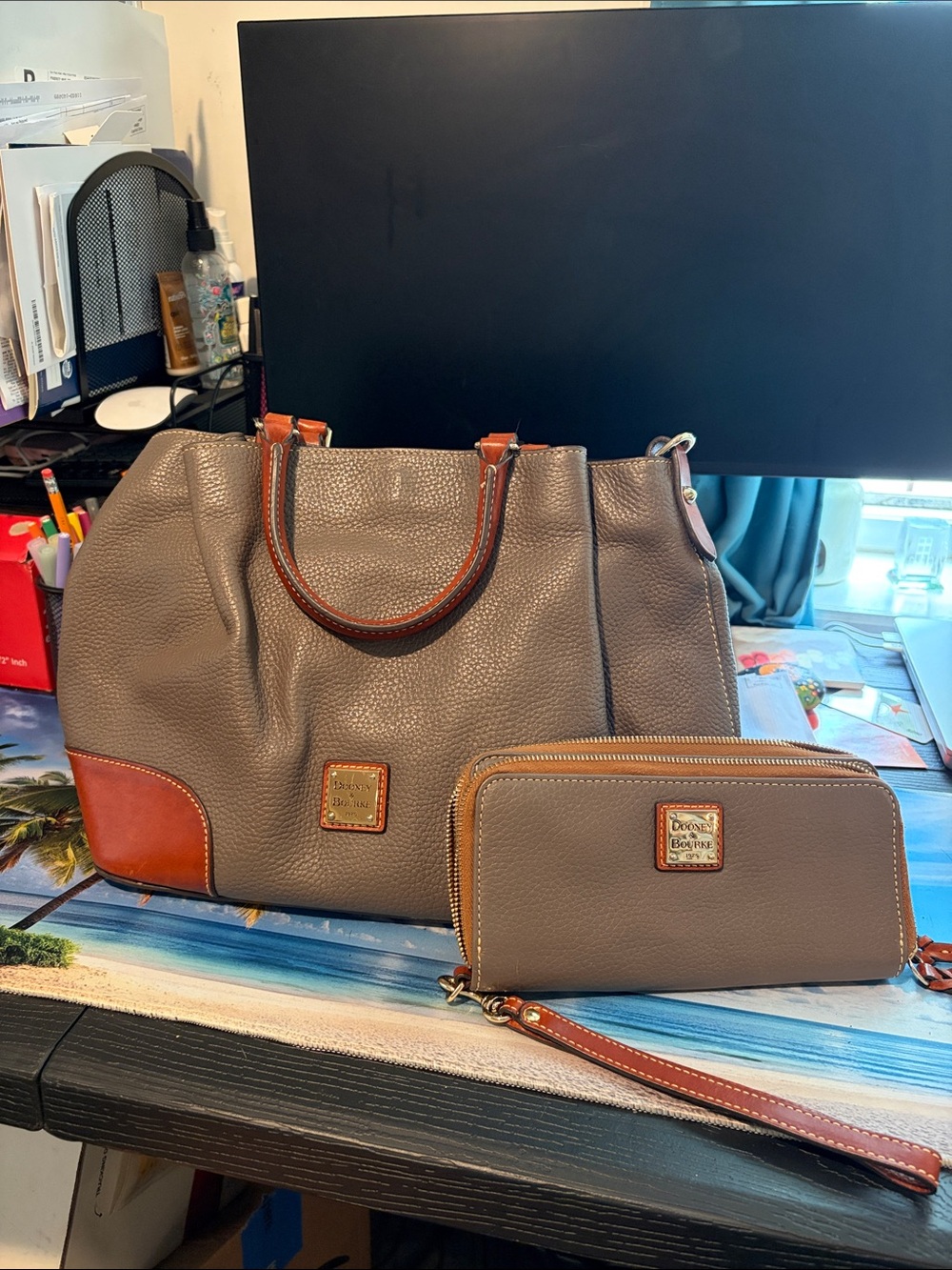 Dooney & Bourke Taupe Leather Tote with Brown Trim and Matching Wallet